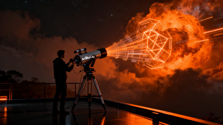 Sistema de astrofotografía automatizada ArcBlue C42 capturando el cosmos, representando innovación en hardware tech y crowdfunding.