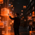 Founder explorando un archivo digital masivo de imágenes de dominio público para diseño de startups.