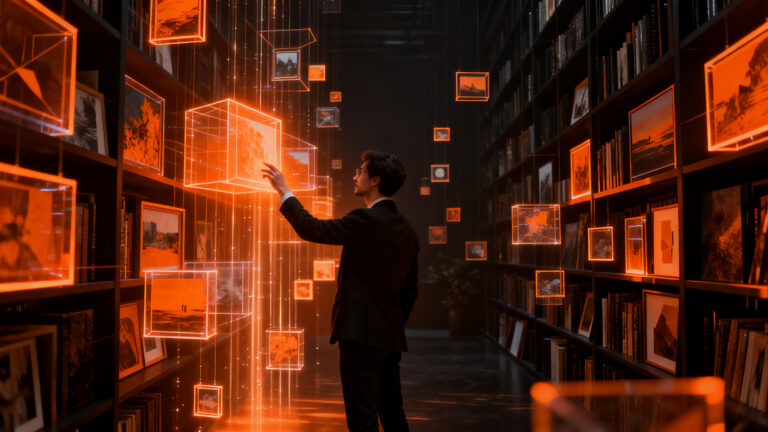 Founder explorando un archivo digital masivo de imágenes de dominio público para diseño de startups.