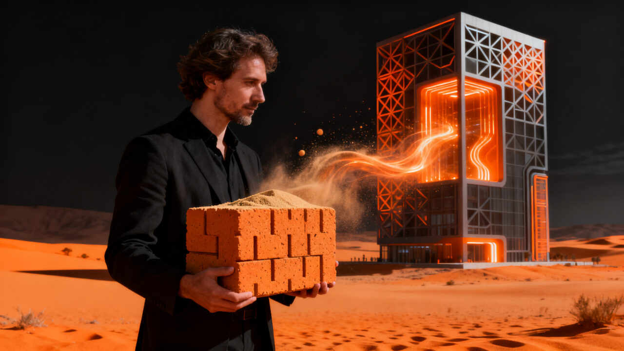 Innovación en construcción sostenible: startup transformando arena del desierto en material de construcción ecológico.