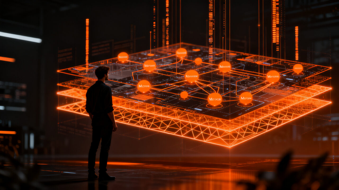 Arquitecto de software diseñando una infraestructura SaaS escalable con patrones de microservicios y serverless.