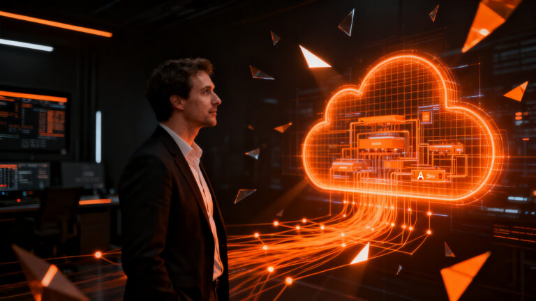 Un fundador de startup frente a una infraestructura de seguridad cloud digital, representando la inversión en ciberseguridad y prevención de brechas.