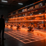 Un fundador visualizando el futuro de la automatización logística y la robótica en un almacén inteligente de 2026.