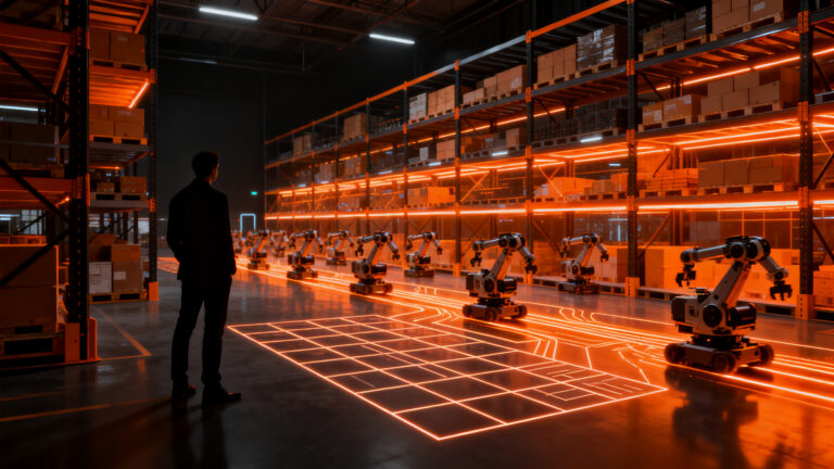 Un fundador visualizando el futuro de la automatización logística y la robótica en un almacén inteligente de 2026.