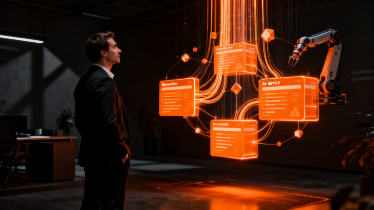 Representación visual de automatización como servicio para pymes, mostrando integración tecnológica y crecimiento empresarial en un entorno digital.