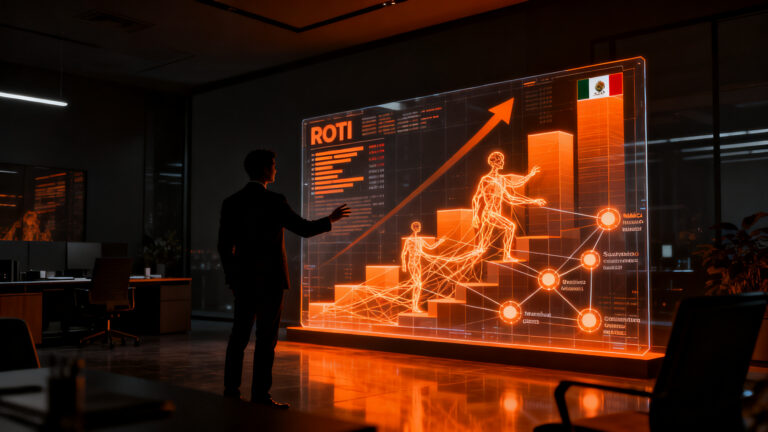 Ejecutivo analizando métricas de automatización de customer experience con IA en México, destacando el equilibrio humano-tecnológico para un ROI positivo.