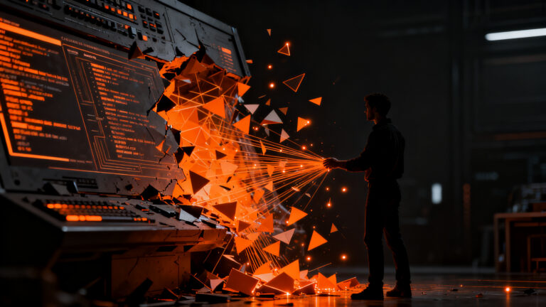 Ingeniero de software enfrentando un sistema automatizado colapsando, representando la pérdida de habilidades técnicas y la necesidad de resiliencia operativa en startups.