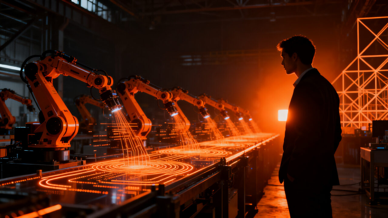 Líder de startup supervisando procesos de automatización industrial y robótica para optimizar la gestión de talento y eficiencia operativa.