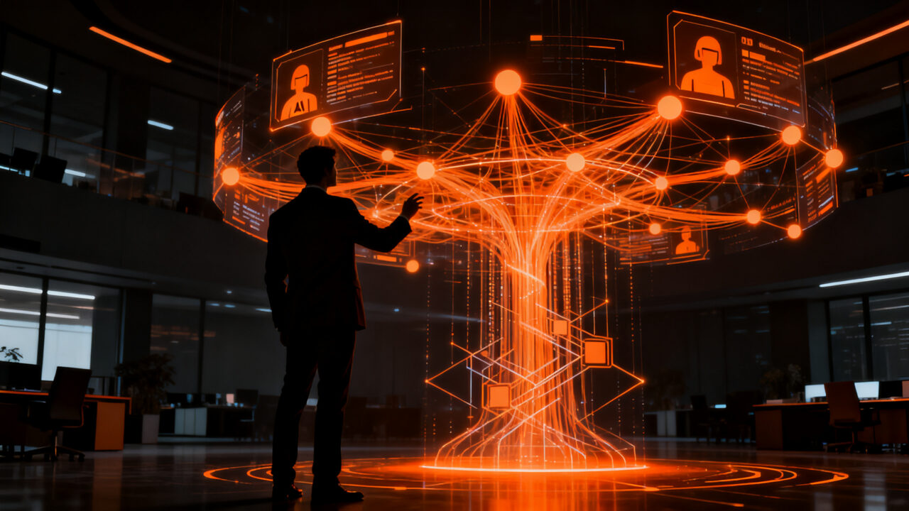 Ejecutivo analizando flujos de automatización con agentes de IA para mejorar la eficiencia operativa y transformación digital empresarial.