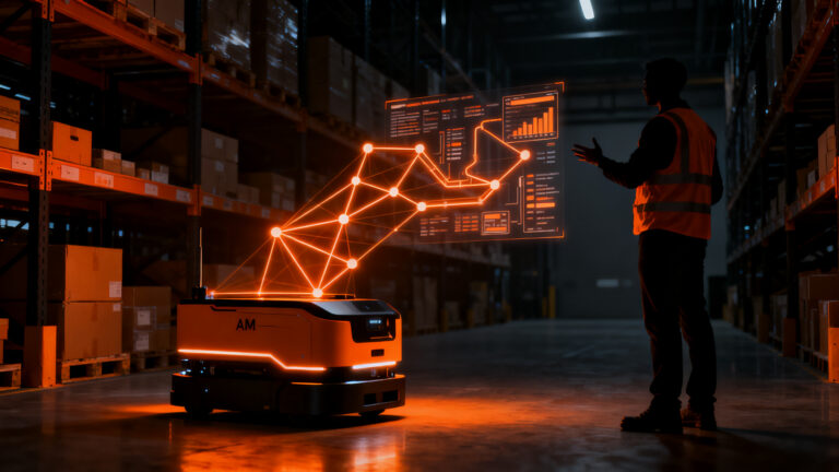 Colaboración entre humanos y robots en almacenes automatizados, optimizando la eficiencia logística para startups en 2026.