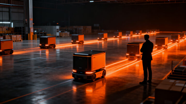 Automatización logística y robótica en el e-commerce, representando el futuro del reparto autónomo de JD.com.