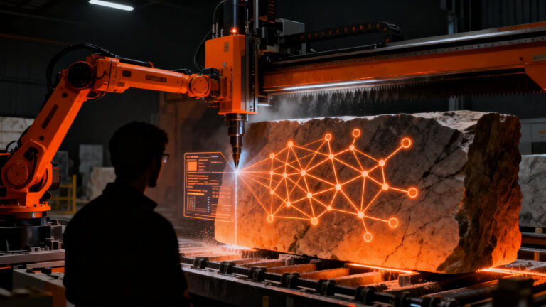 Línea de producción automatizada con robótica industrial y visión artificial transformando la industria de la piedra natural.