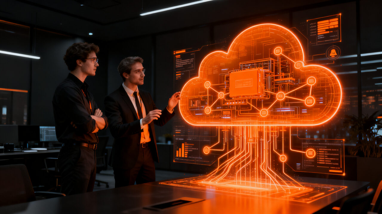 Ingenieros de AWS trabajando en oficinas de clientes mediante IA empresarial y Cloud Computing.