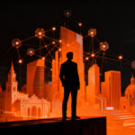 Emprendedor frente a un horizonte de Málaga con conexiones digitales, representando las ayudas Impulsa Startup 2026.