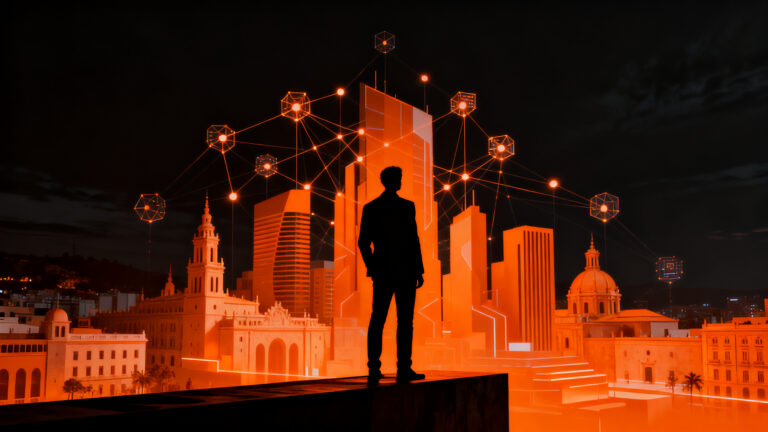 Emprendedor frente a un horizonte de Málaga con conexiones digitales, representando las ayudas Impulsa Startup 2026.