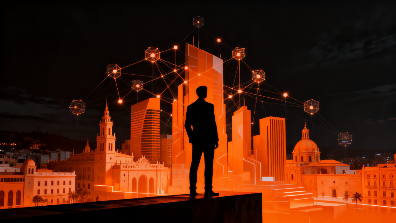Emprendedor frente a un horizonte de Málaga con conexiones digitales, representando las ayudas Impulsa Startup 2026.