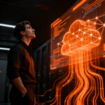 Un ingeniero interactuando con una infraestructura digital avanzada de Azure Linux 4.0, simbolizando la nueva era de cloud para startups.