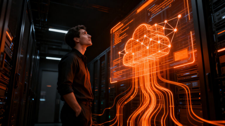 Un ingeniero interactuando con una infraestructura digital avanzada de Azure Linux 4.0, simbolizando la nueva era de cloud para startups.