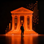 Founder frente a estructura bancaria digital con flujos de datos naranjas, representando la inversión de 2.6 billones en IA por bancos brasileños y oportunidades para fintech LATAM.
