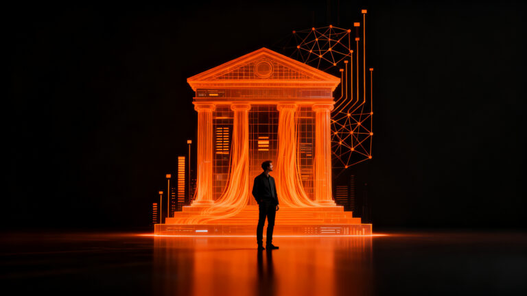 Founder frente a estructura bancaria digital con flujos de datos naranjas, representando la inversión de 2.6 billones en IA por bancos brasileños y oportunidades para fintech LATAM.