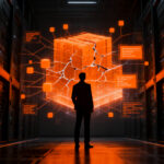 Ejecutivo de tecnología observando una red compleja de datos empresariales, representando la alta rotación de talento en la industria de la IA.