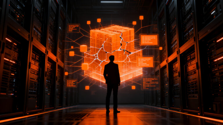 Ejecutivo de tecnología observando una red compleja de datos empresariales, representando la alta rotación de talento en la industria de la IA.