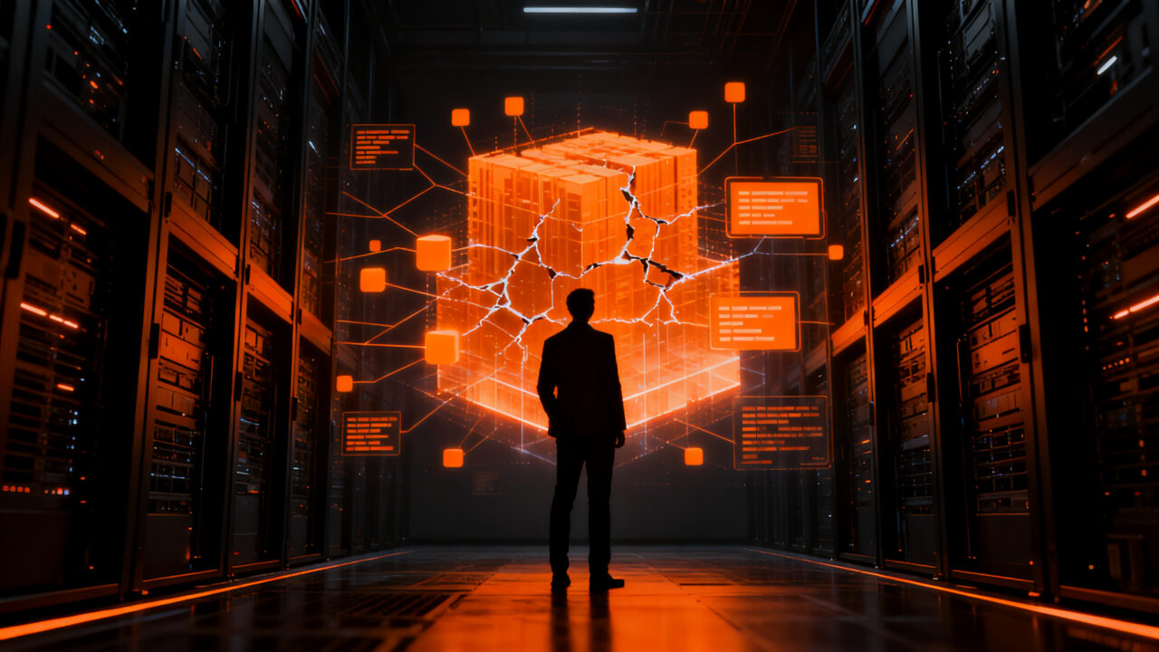 Ejecutivo de tecnología observando una red compleja de datos empresariales, representando la alta rotación de talento en la industria de la IA.