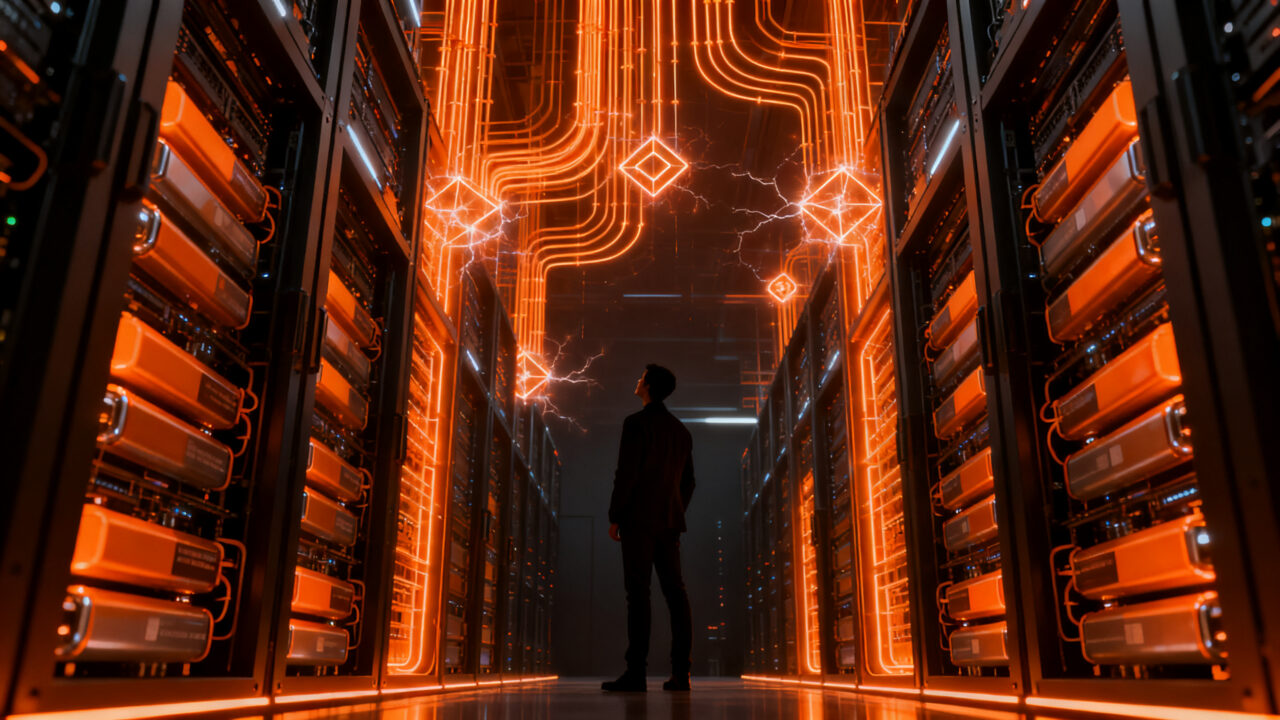 Infraestructura de centros de datos de IA impulsada por baterías de iones de sodio de GM, representando el futuro de la energía sostenible para startups.