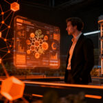 Un fundador de agrotech analizando datos biológicos en un campo futurista, representando alianzas estratégicas e inversión corporativa en startups de biotecnología agrícola.