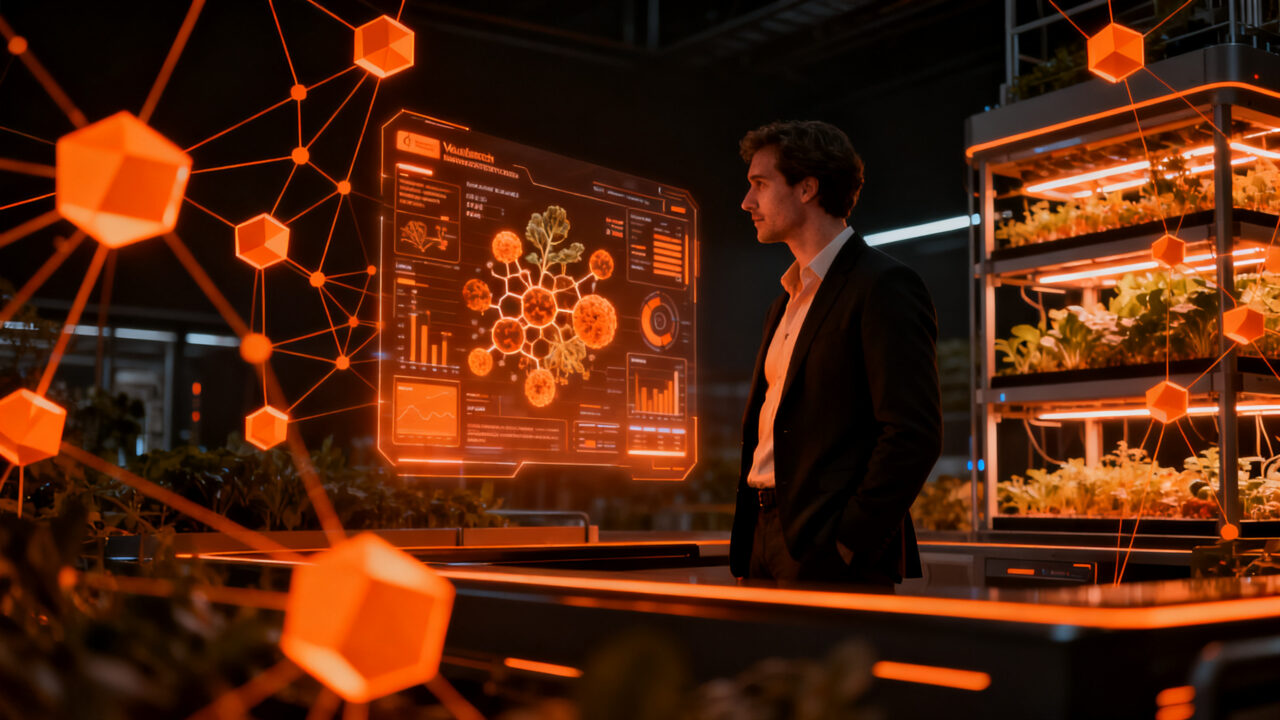 Un fundador de agrotech analizando datos biológicos en un campo futurista, representando alianzas estratégicas e inversión corporativa en startups de biotecnología agrícola.