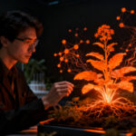Científico analizando una planta con tecnología de edición genética miR156, representando el futuro de la biotecnología agrícola y AgTech.