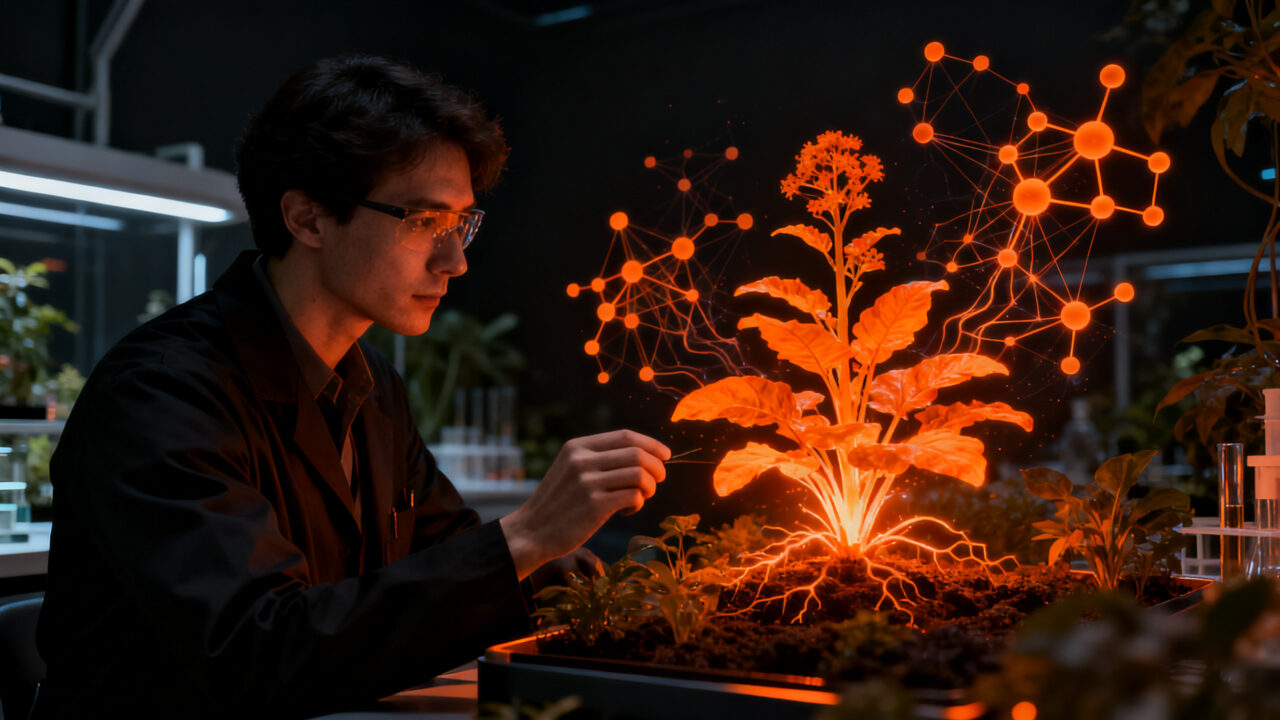 Científico analizando una planta con tecnología de edición genética miR156, representando el futuro de la biotecnología agrícola y AgTech.