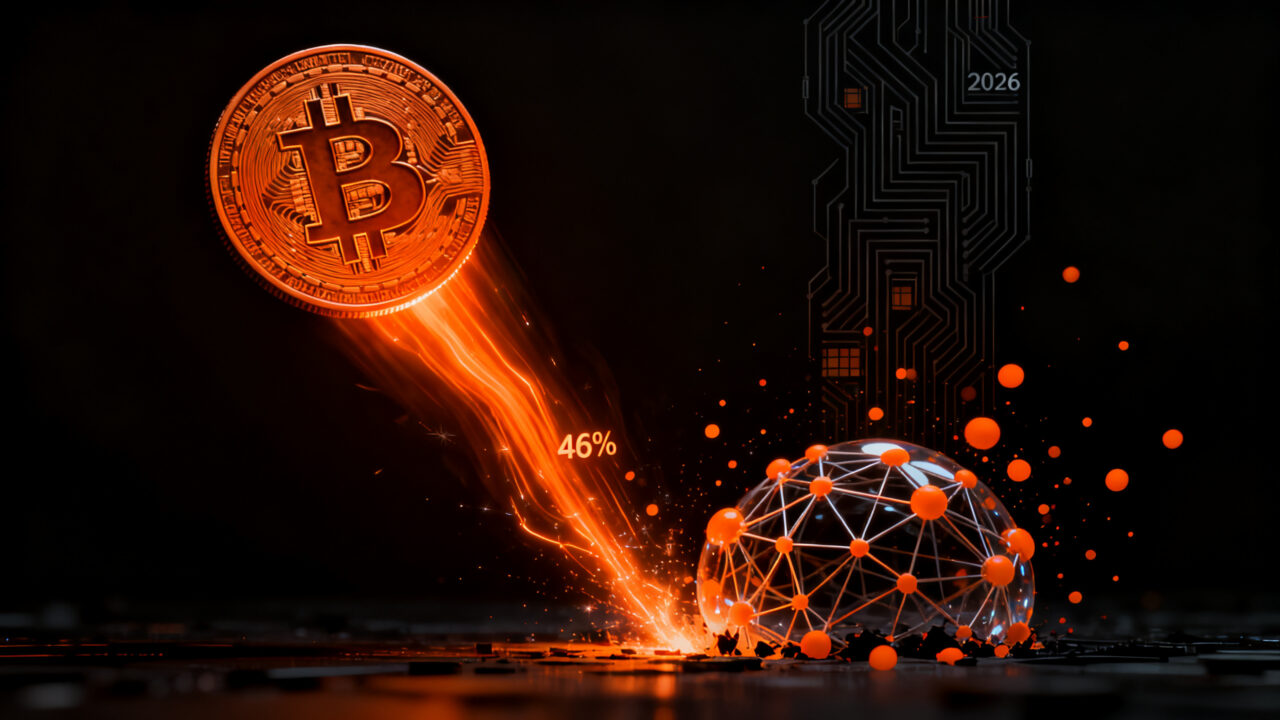 Bitcoin cayendo dramáticamente con rotación de capital hacia inteligencia artificial, representando el invierno cripto 2026 y tendencias del mercado tecnológico.