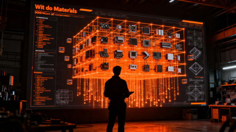 Ingeniero analizando componentes de hardware en una interfaz digital, optimizando la cadena de suministro y manufactura para startups.