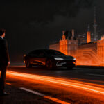 Coche eléctrico de BYD en un entorno urbano futurista representando la expansión y disrupción automotriz china en Europa.