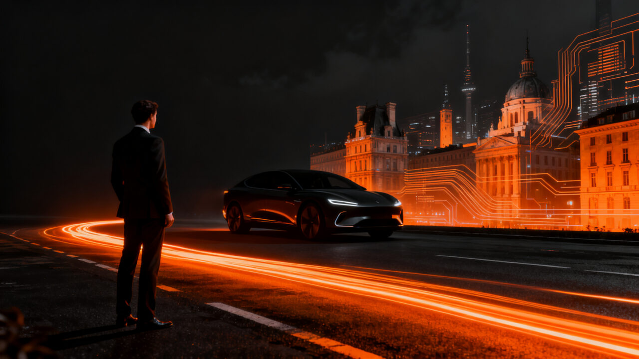 Coche eléctrico de BYD en un entorno urbano futurista representando la expansión y disrupción automotriz china en Europa.