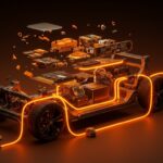 Representación conceptual de la integración vertical de BYD en vehículos eléctricos mediante componentes tecnológicos y flujo de datos.