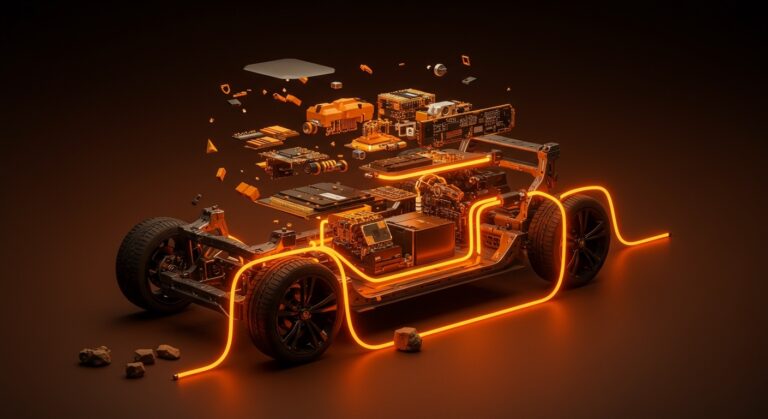 Representación conceptual de la integración vertical de BYD en vehículos eléctricos mediante componentes tecnológicos y flujo de datos.
