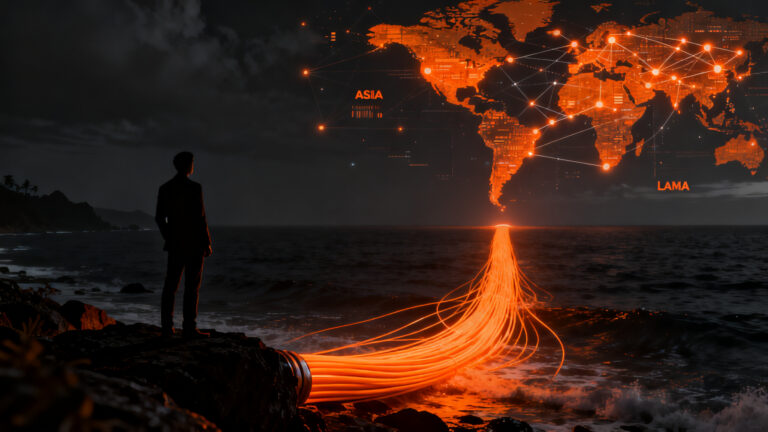 Silueta de profesional observando un cable submarino transoceánico brillante, representando la soberanía digital y la infraestructura crítica en Latinoamérica.