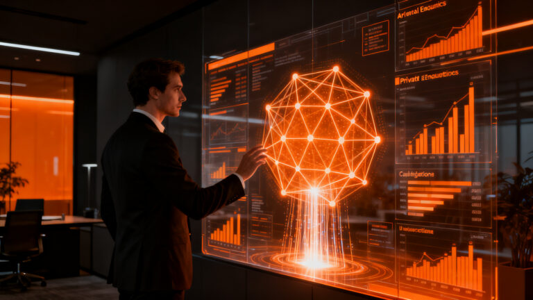 Emprendedor de private equity analizando datos financieros complejos mediante una interfaz de inteligencia artificial, simbolizando la ronda de financiación de Capsa AI.
