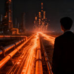 Analista frente a un mapa geopolítico digital y flujos de energía, representando la crisis energética de 2026 y la competencia estratégica global.