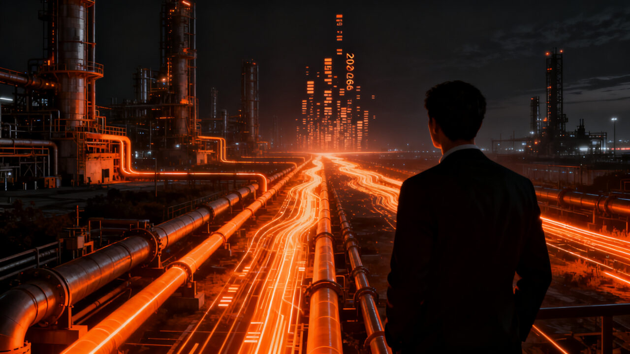 Analista frente a un mapa geopolítico digital y flujos de energía, representando la crisis energética de 2026 y la competencia estratégica global.