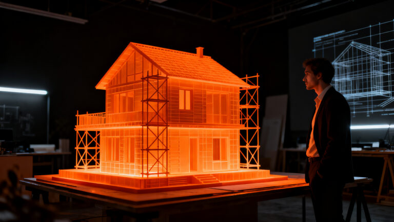 Arquitecto analizando planos de construcción con casas impresas en 3D en el contexto del mercado inmobiliario español y PropTech.