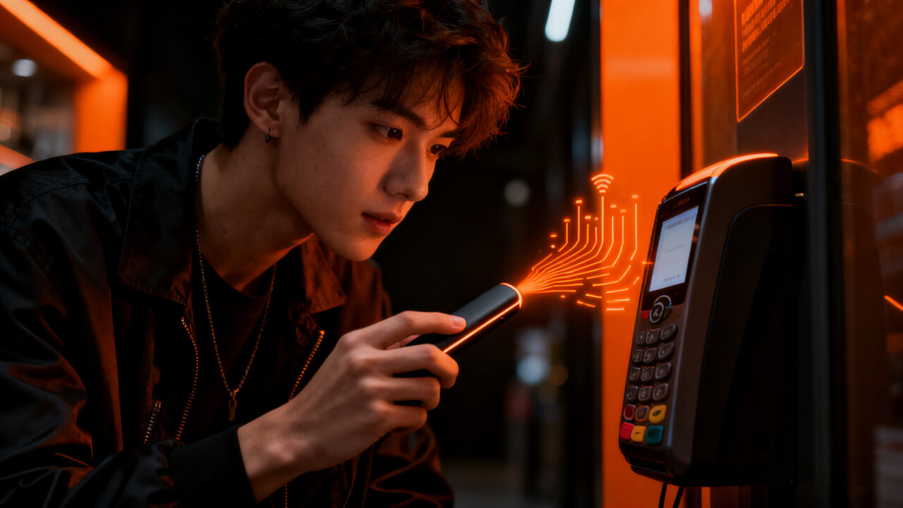 Joven de la Generación Z utilizando una varita de pago NFC de Cash App, simbolizando la innovación en hardware de pagos fintech.