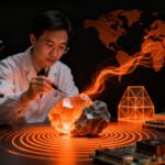 Especialista chino examinando cristales de tierras raras en laboratorio, representando el dominio de China en la cadena de suministro de tecnología crítica para startups de hardware.