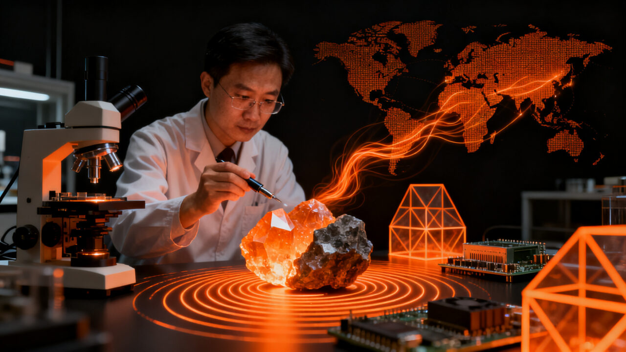 Especialista chino examinando cristales de tierras raras en laboratorio, representando el dominio de China en la cadena de suministro de tecnología crítica para startups de hardware.
