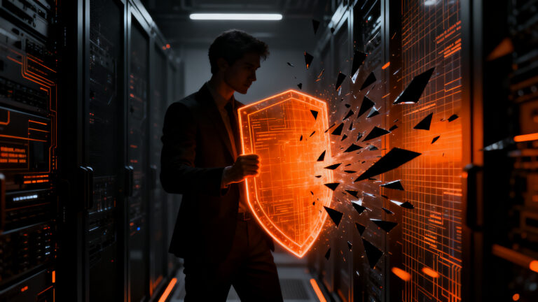 Silueta de ejecutivo protegiendo redes digitales contra ciberataques, representando la ciberseguridad en startups de Latinoamérica.