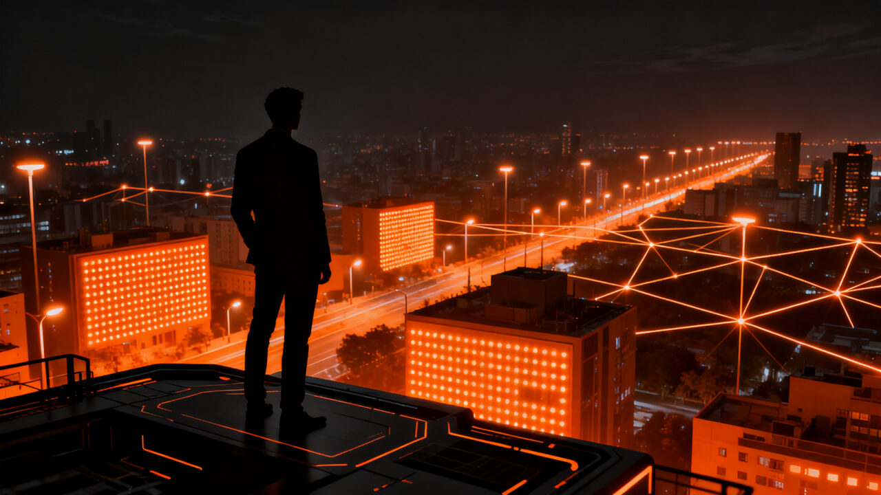 Infraestructura de ciudades inteligentes con tecnología LED, representando la eficiencia energética y oportunidades para startups en IoT.