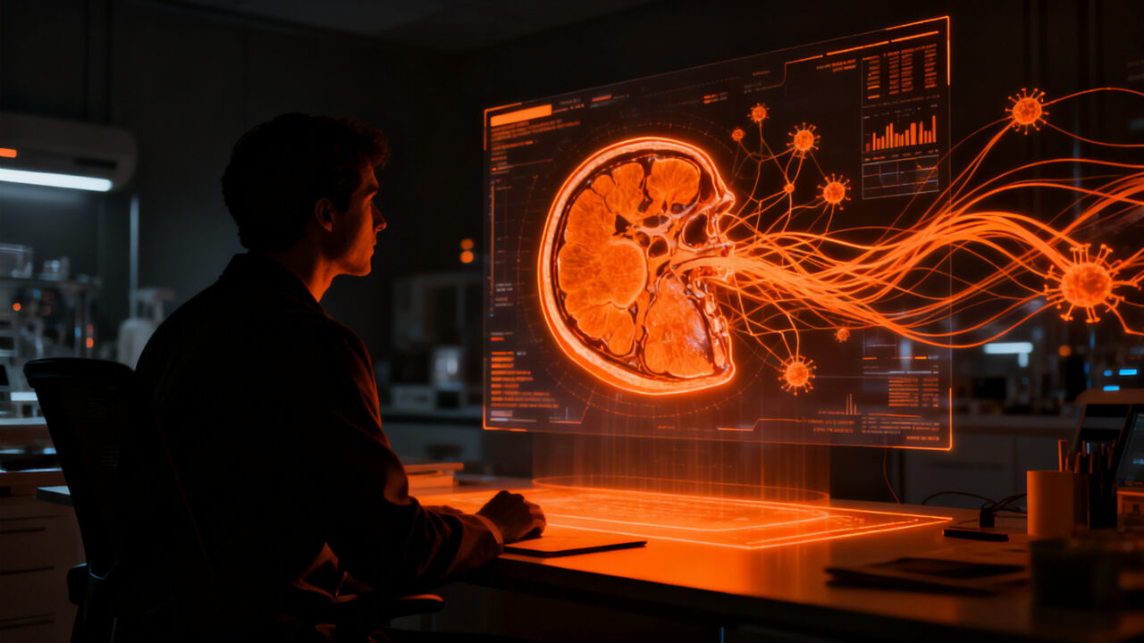 Founder usando IA médica avanzada para el análisis de una resonancia magnética, representando el futuro de las herramientas de diagnóstico basadas en agentes.