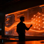 Un ingeniero de software observando una red neuronal compleja y brillante que representa la automatización de código de Claude Fable 5.